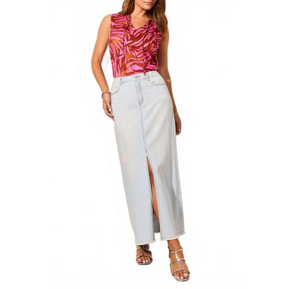 NEW TRIBAL full length denim skirt w/pockets and slit in blue white - Picture 1 of 4